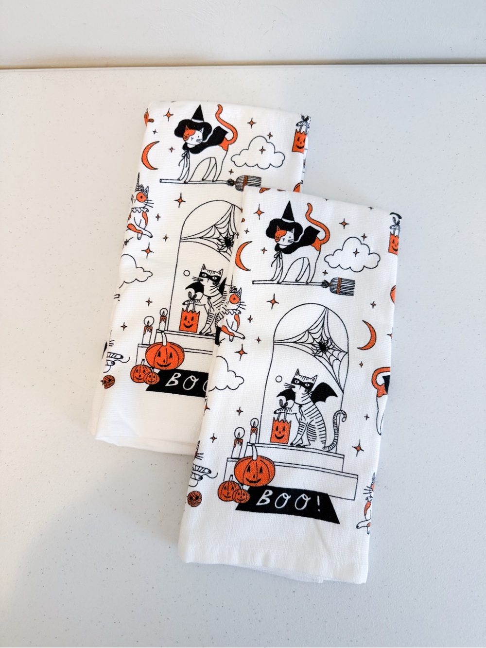 Set of Two Halloween Cat Costume Print Kitchen Towels- White and Orange, Glitter